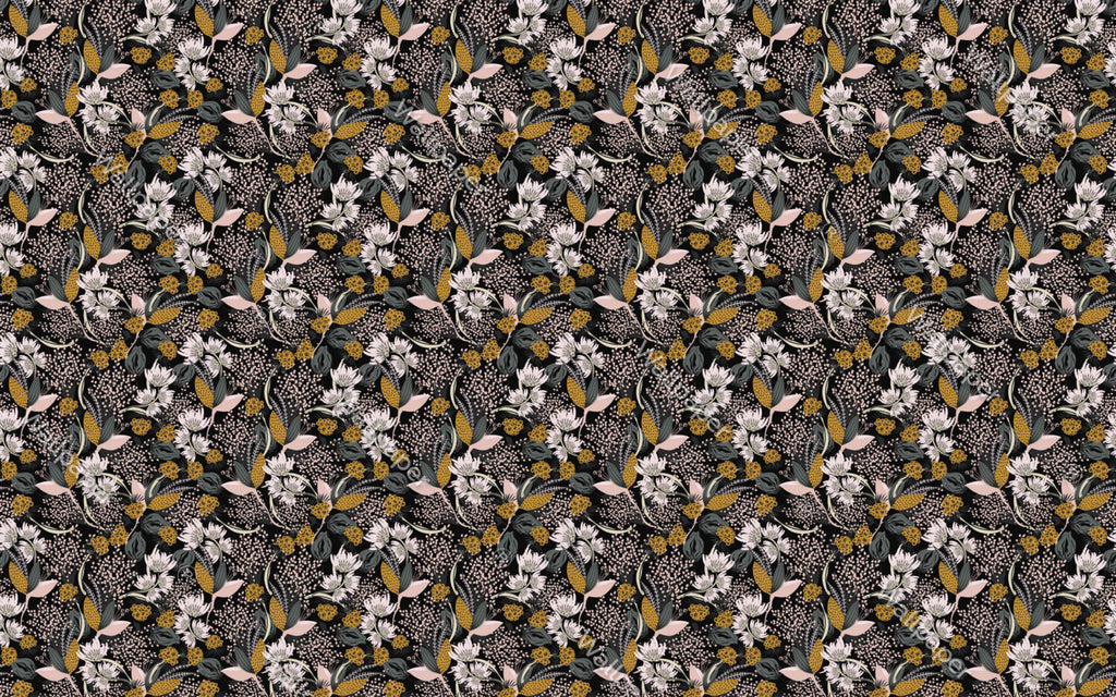 Retro Botanical Wallpaper : Mustard and White Flowers on Black Pattern Mural - flat design
