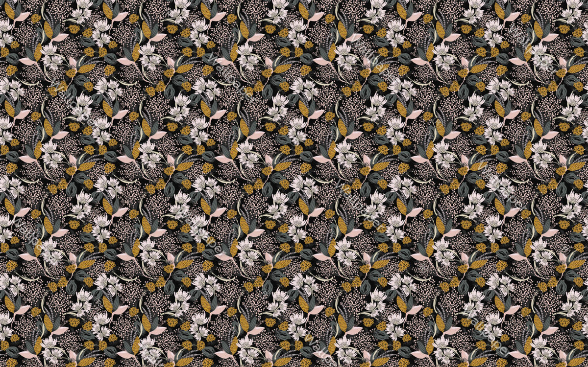 Retro Botanical Wallpaper : Mustard and White Flowers on Black Pattern Mural - flat design