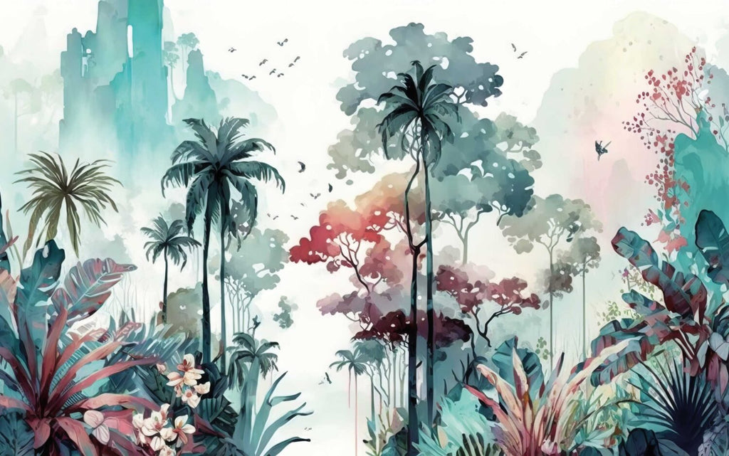 Watercolor Tropical Forest Wallpaper : Teal and Pink Jungle Mural - flat design