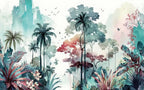 Watercolor Tropical Forest Wallpaper : Teal and Pink Jungle Mural - flat design