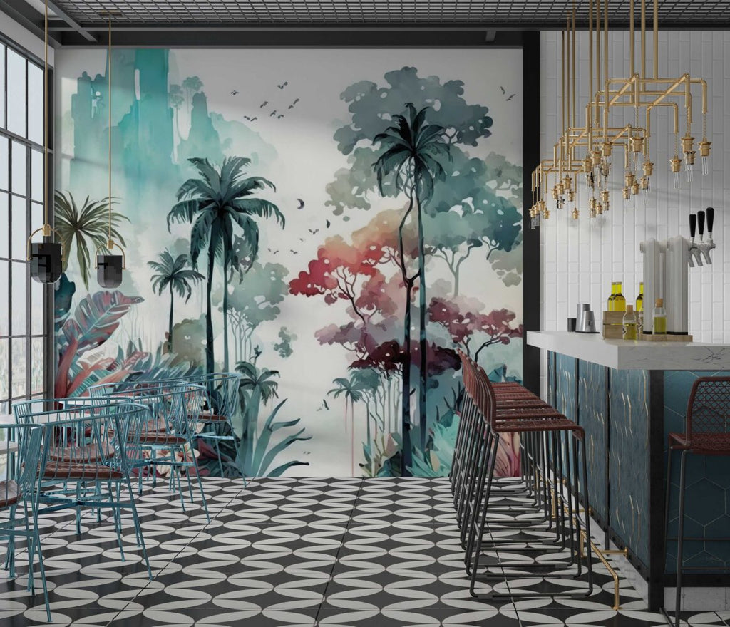 Watercolor Tropical Forest Wallpaper : Teal and Pink Jungle Mural - View 2