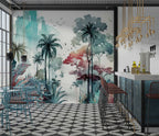 Watercolor Tropical Forest Wallpaper : Teal and Pink Jungle Mural - View 2