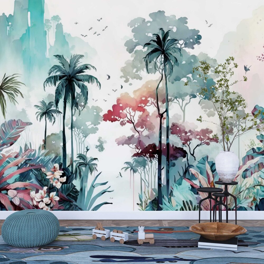 Watercolor Tropical Forest Wallpaper : Teal and Pink Jungle Mural - View 3