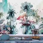 Watercolor Tropical Forest Wallpaper : Teal and Pink Jungle Mural - View 3