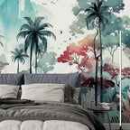 Watercolor Tropical Forest Wallpaper : Teal and Pink Jungle Mural