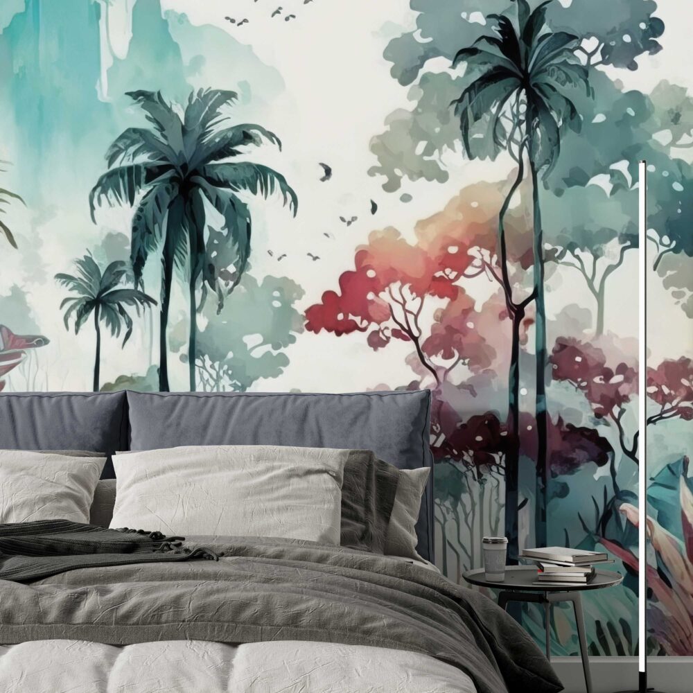 Watercolor Tropical Forest Wallpaper : Teal and Pink Jungle Mural