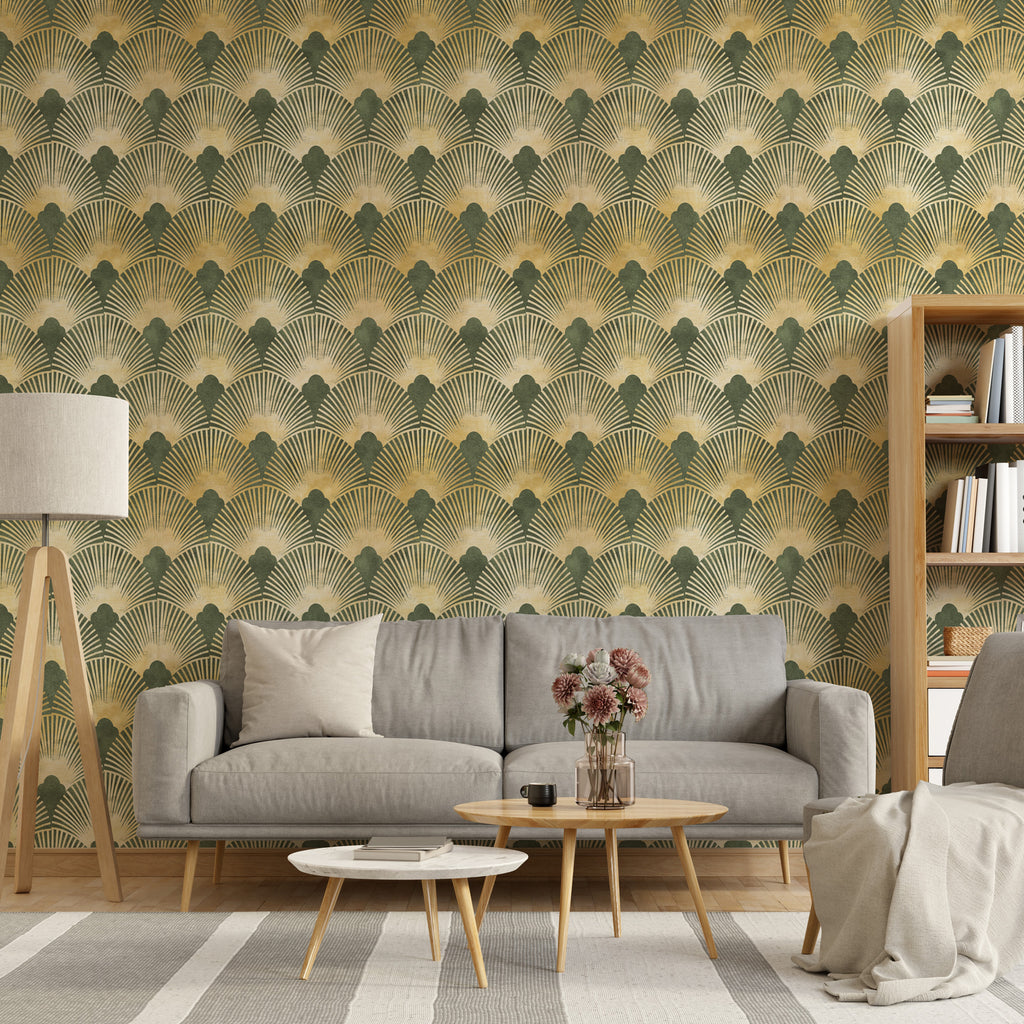 Green Gold Art Deco Wallpaper : Geometric Fan Pattern - View 4