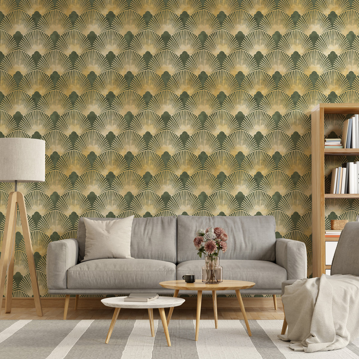 Green Gold Art Deco Wallpaper : Geometric Fan Pattern - View 4
