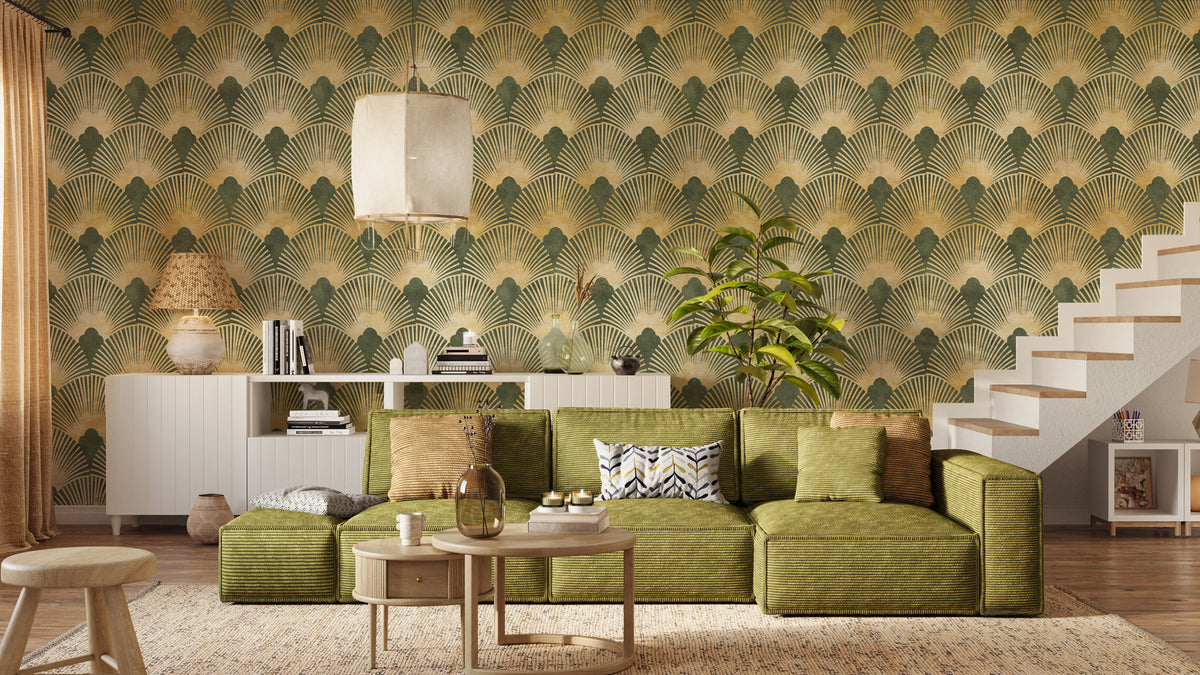 Green Gold Art Deco Wallpaper : Geometric Fan Pattern - View 3