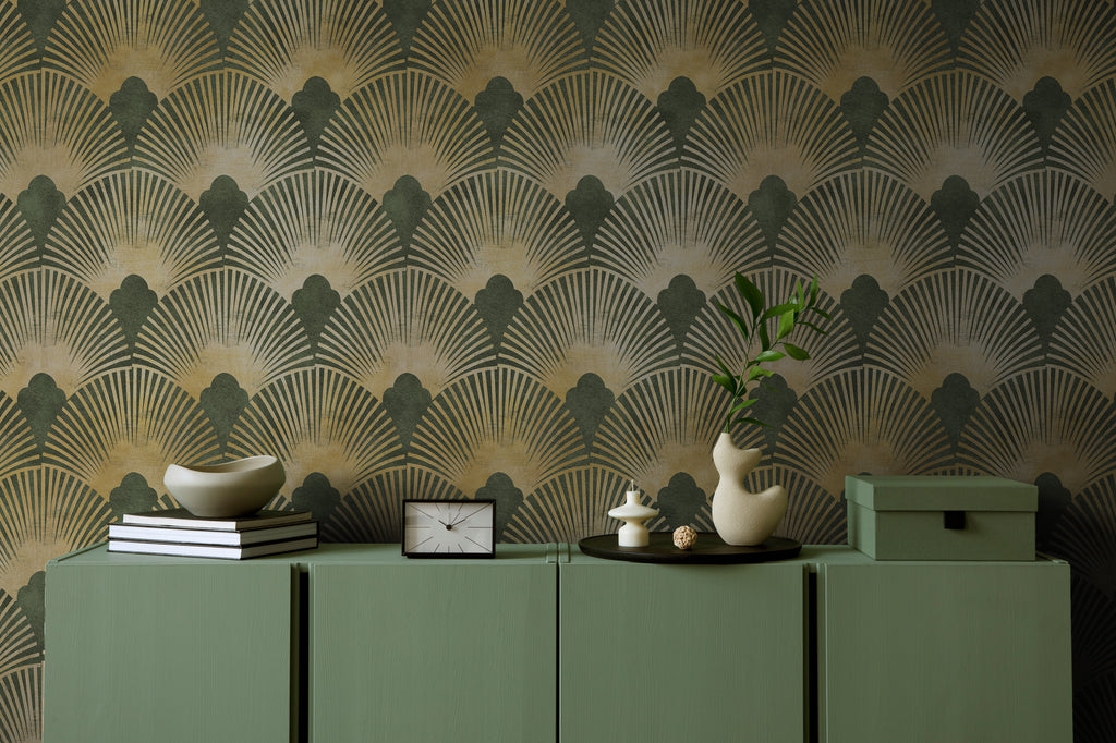 Green Gold Art Deco Wallpaper : Geometric Fan Pattern