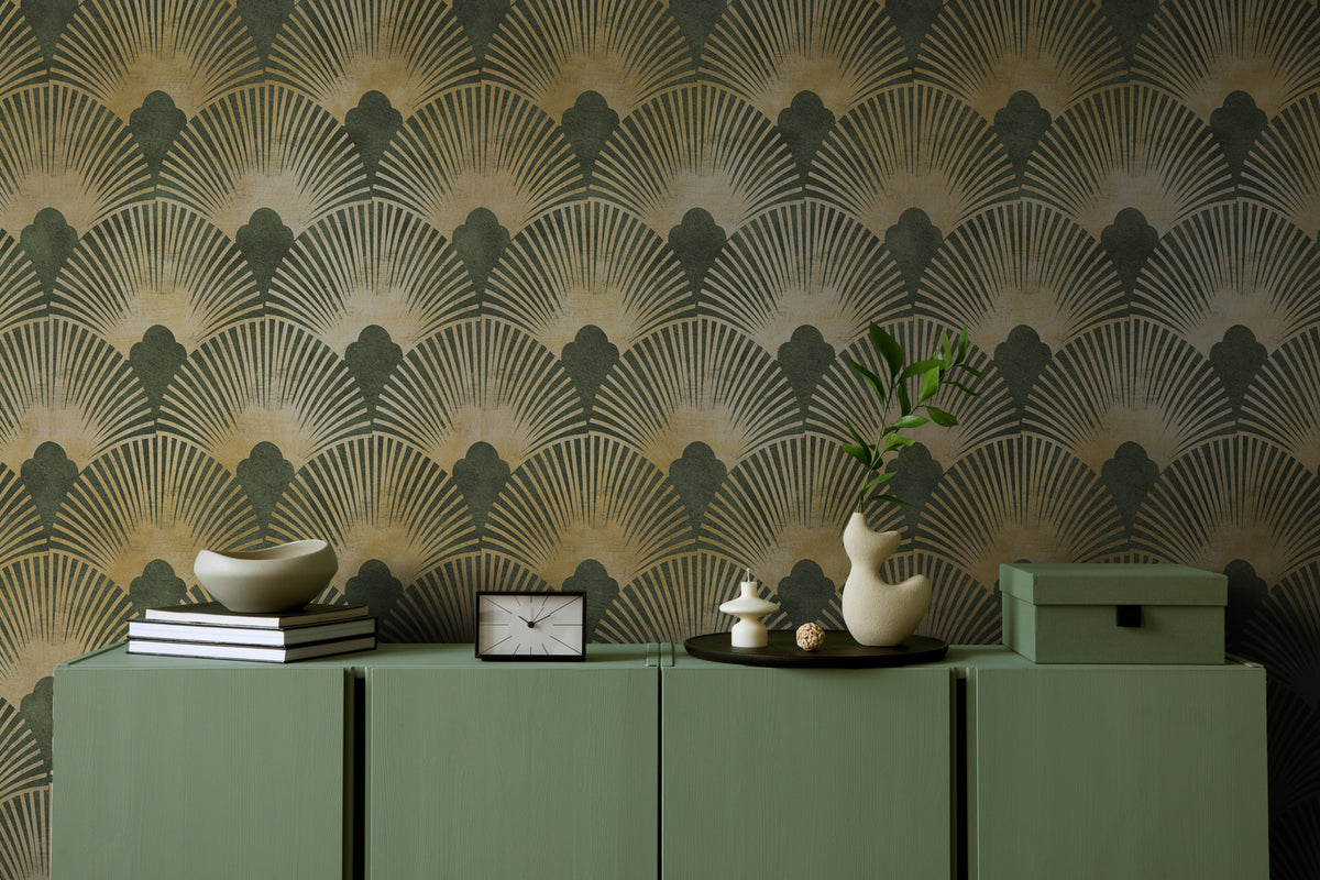 Green Gold Art Deco Wallpaper : Geometric Fan Pattern