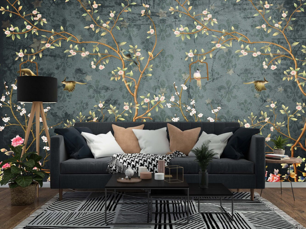 Teal Chinoiserie Blossom Wallpaper : Birds And Branches Mural - View 2