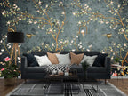 Teal Chinoiserie Blossom Wallpaper : Birds And Branches Mural - View 2