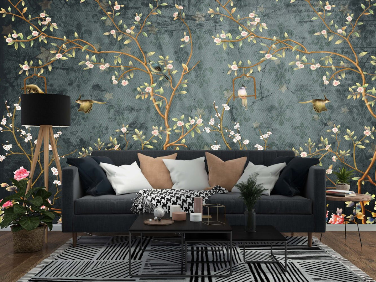 Teal Chinoiserie Blossom Wallpaper : Birds And Branches Mural - View 2