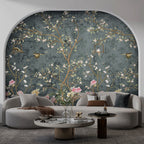 Teal Chinoiserie Blossom Wallpaper : Birds And Branches Mural - View 3