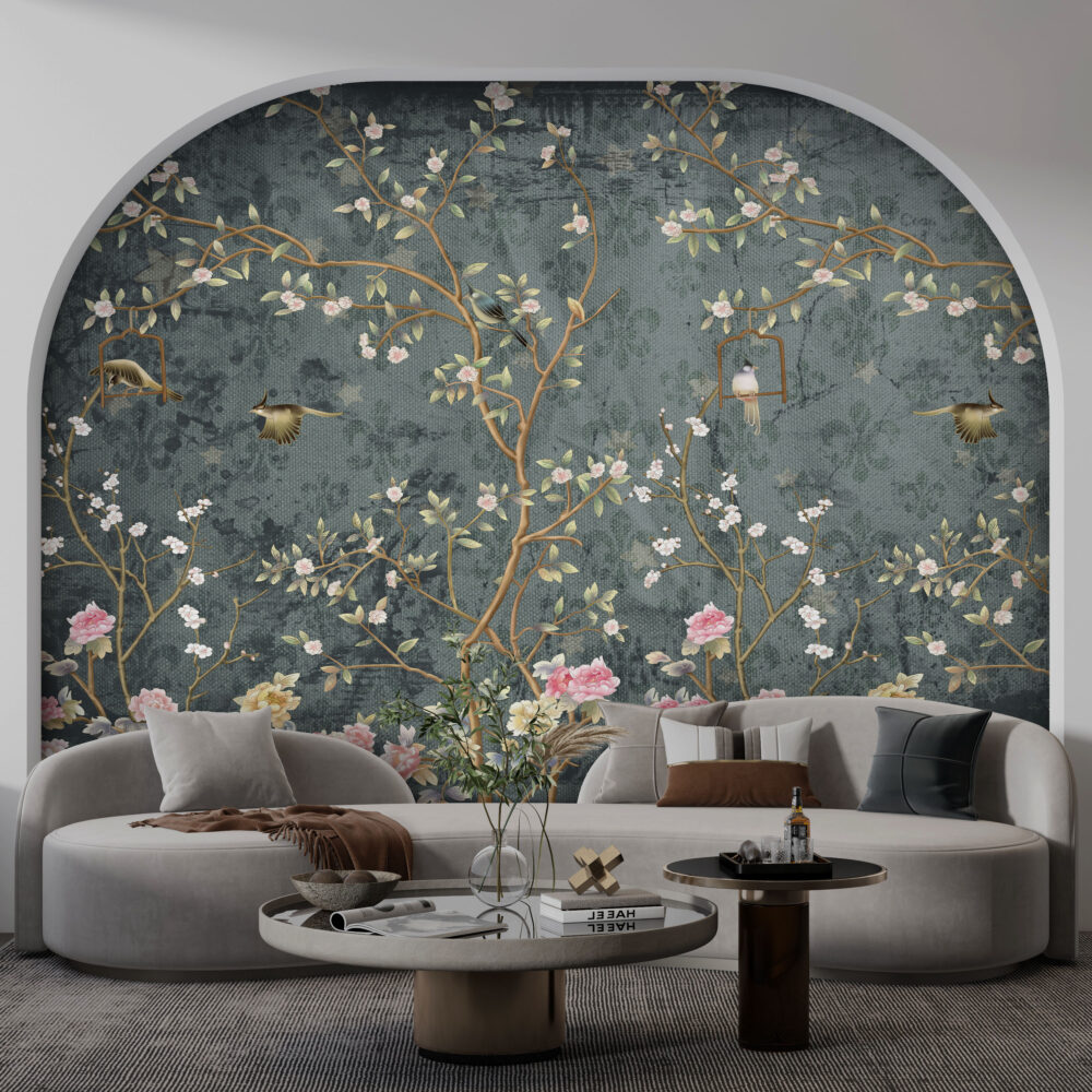 Teal Chinoiserie Blossom Wallpaper : Birds And Branches Mural - View 3