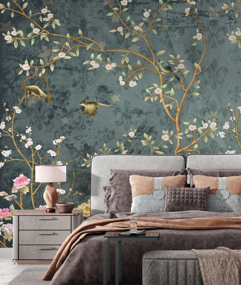 Teal Chinoiserie Blossom Wallpaper : Birds And Branches Mural - View 4