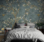 Teal Chinoiserie Blossom Wallpaper : Birds And Branches Mural - View 5