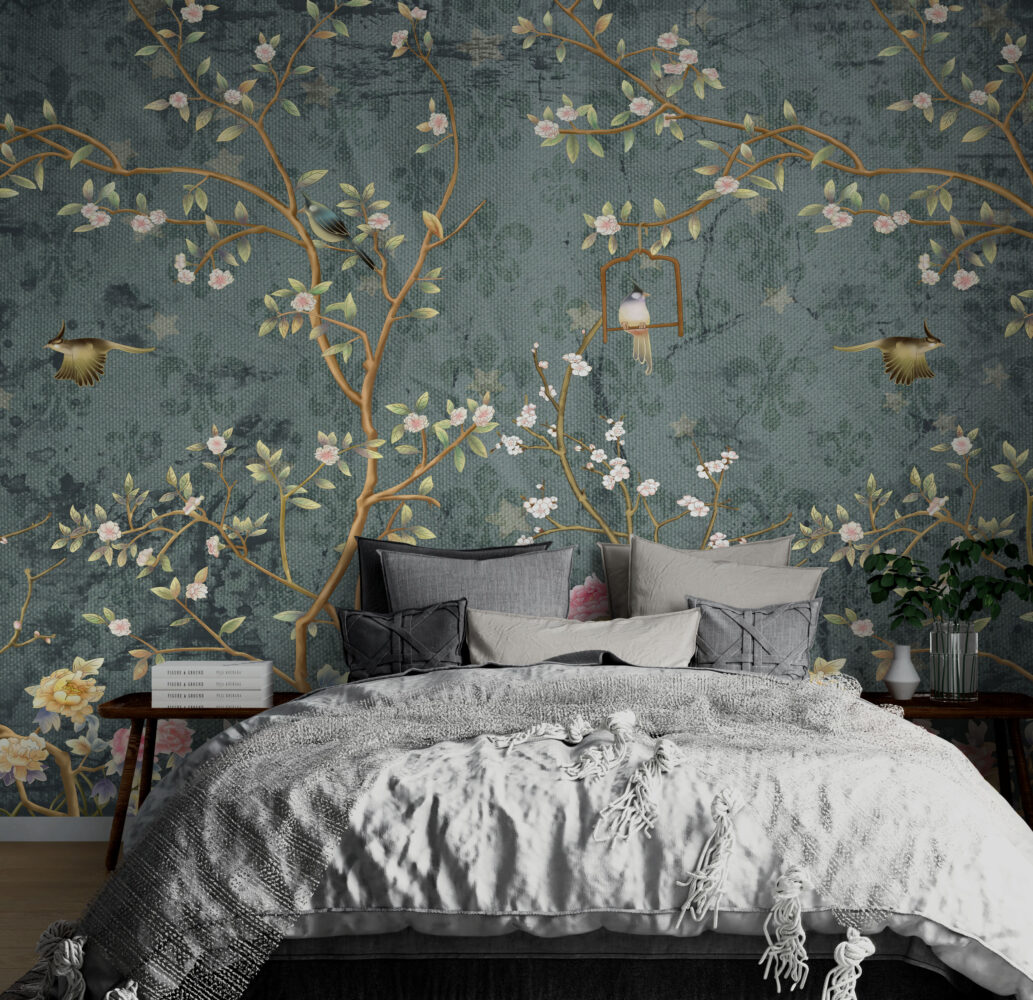 Teal Chinoiserie Blossom Wallpaper : Birds And Branches Mural - View 5