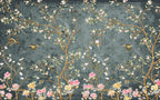 Teal Chinoiserie Blossom Wallpaper : Birds And Branches Mural - flat design
