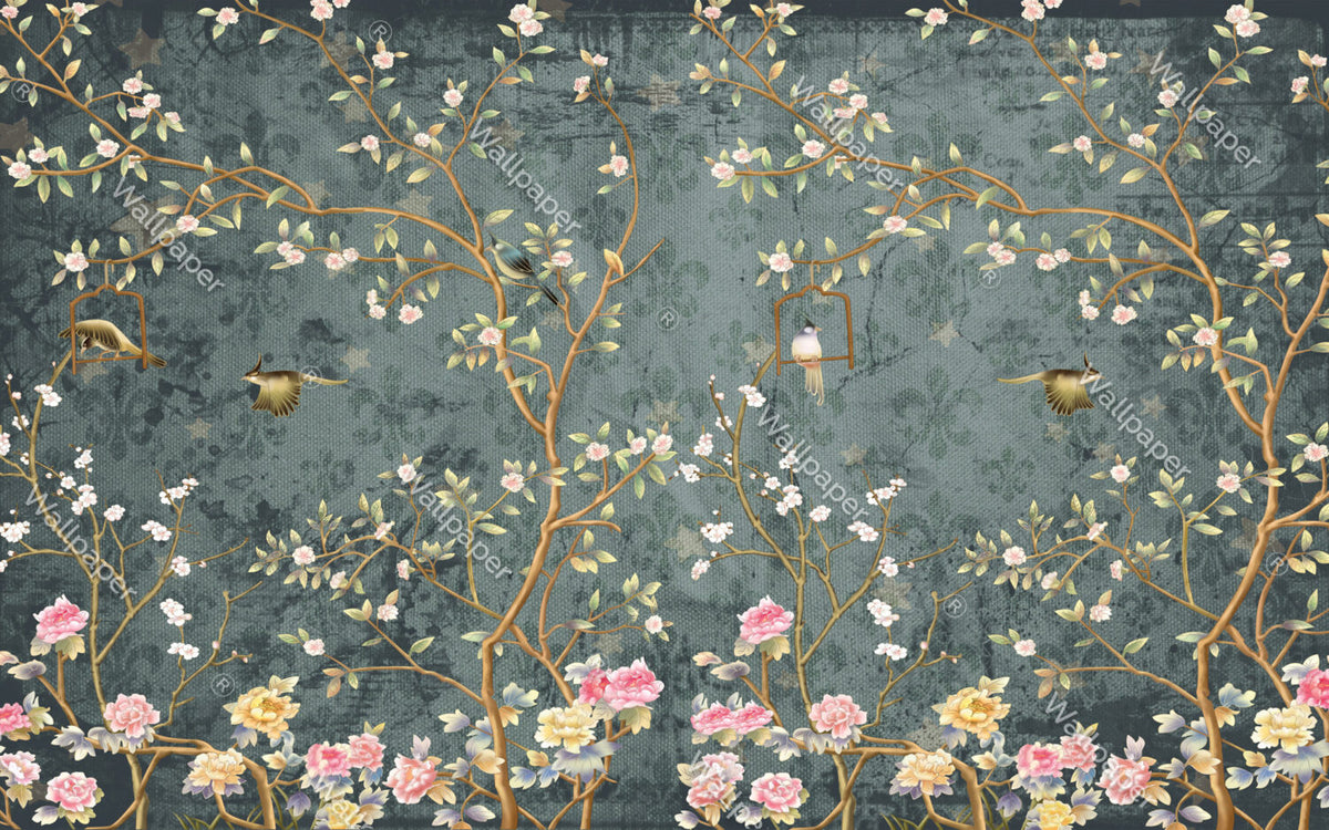 Teal Chinoiserie Blossom Wallpaper : Birds And Branches Mural - flat design