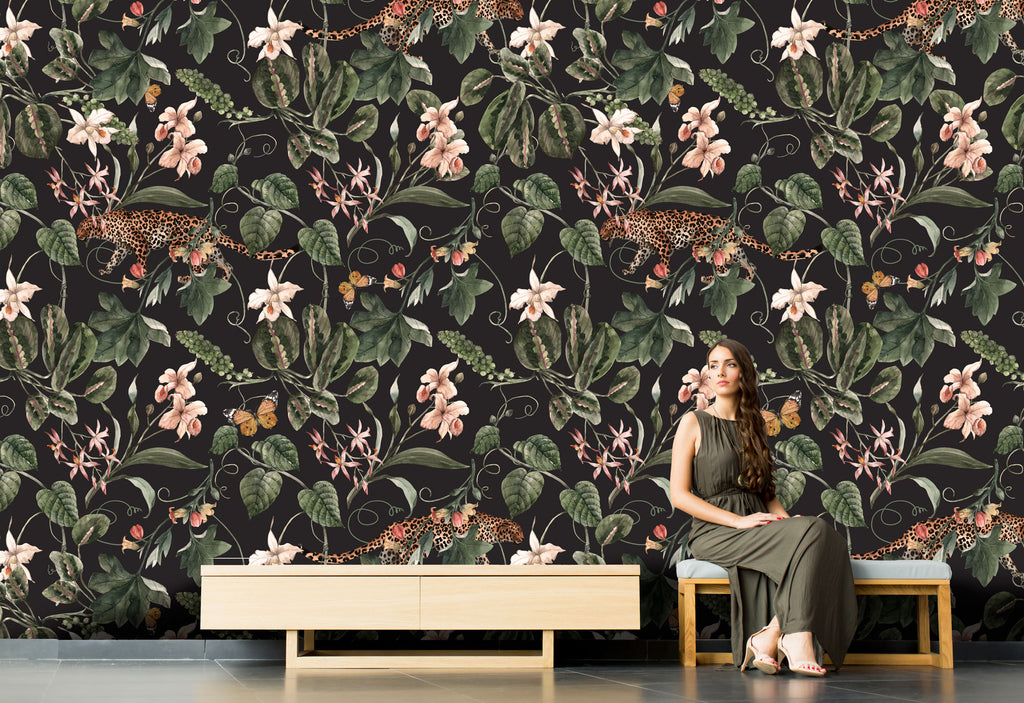 Dark Floral Garden Wallpaper : Leopard Accent Botanical Mural - View 4