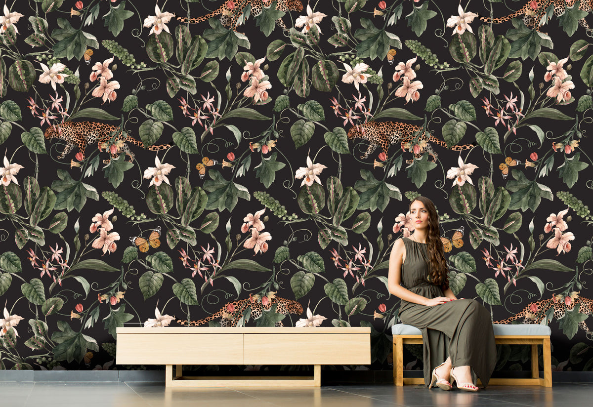 Dark Floral Garden Wallpaper : Leopard Accent Botanical Mural - View 4