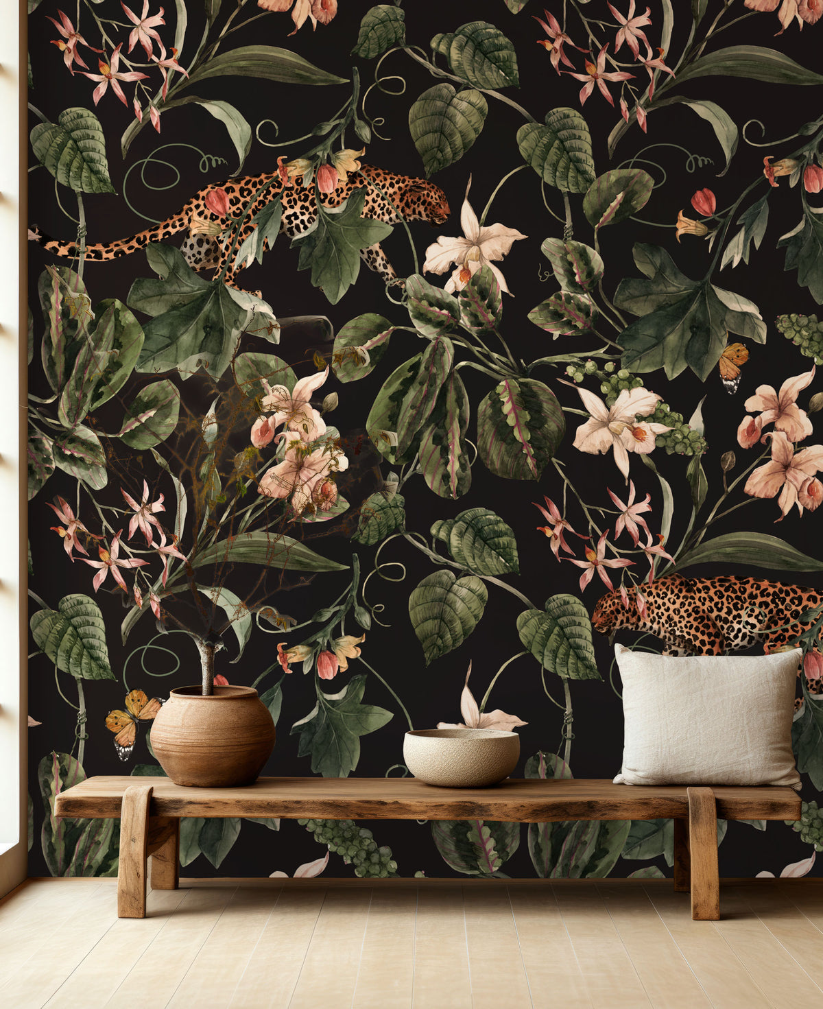 Dark Floral Garden Wallpaper : Leopard Accent Botanical Mural - View 5