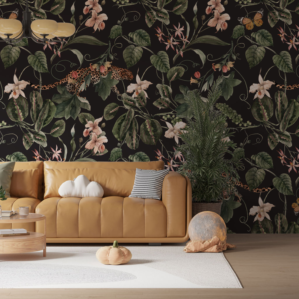 Dark Floral Garden Wallpaper : Leopard Accent Botanical Mural