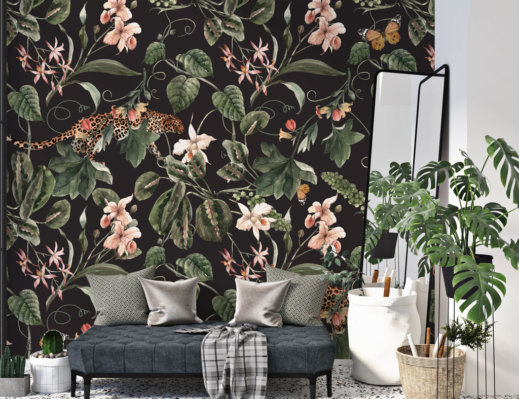 Dark Floral Garden Wallpaper : Leopard Accent Botanical Mural - View 3