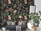 Dark Floral Garden Wallpaper : Leopard Accent Botanical Mural - View 3