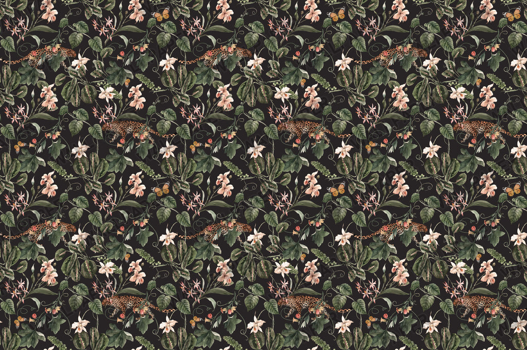 Dark Floral Garden Wallpaper : Leopard Accent Botanical Mural - View 2