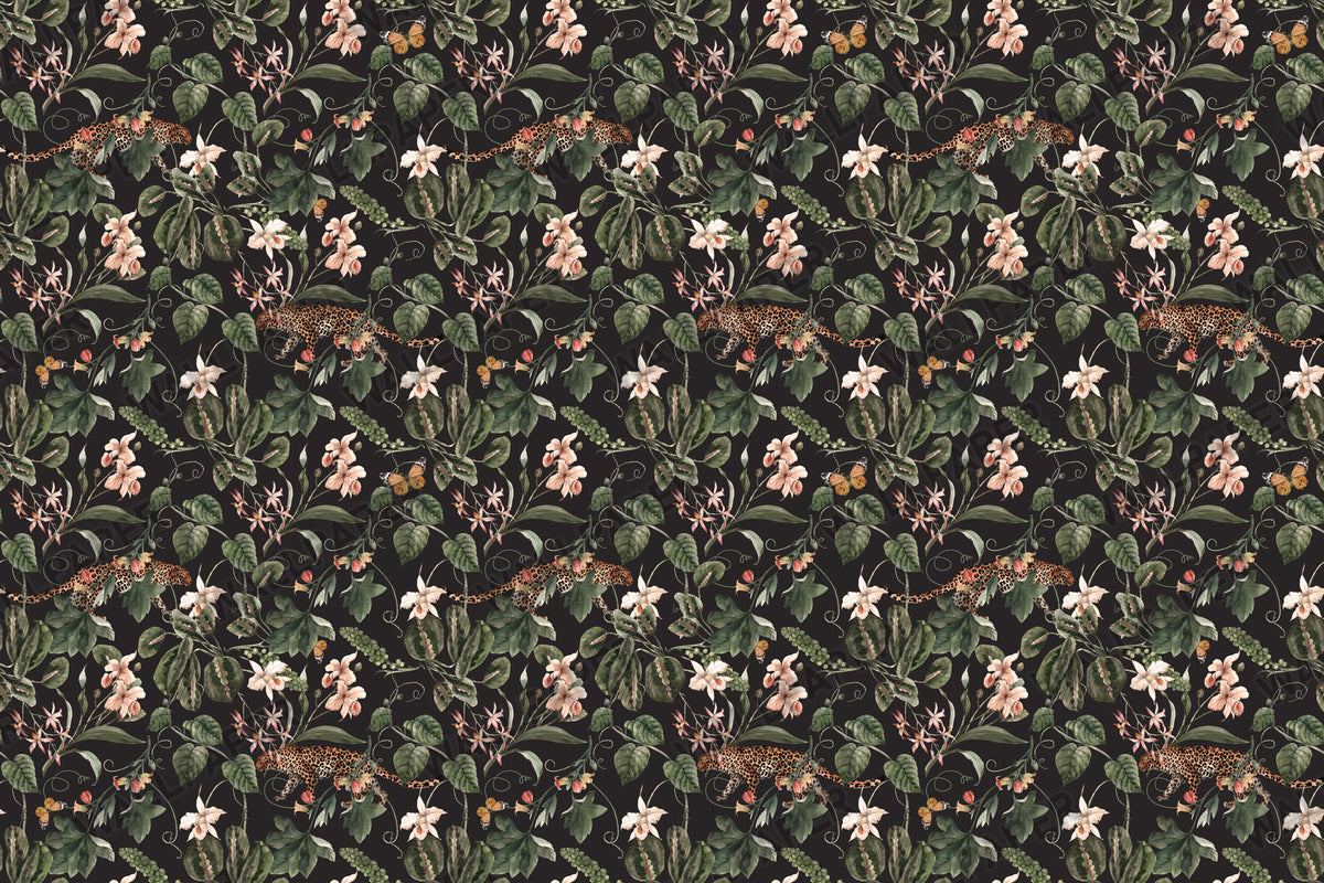 Dark Floral Garden Wallpaper : Leopard Accent Botanical Mural - View 2