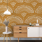 Mustard Boho Wallpaper : Ethnic Scallop Pattern