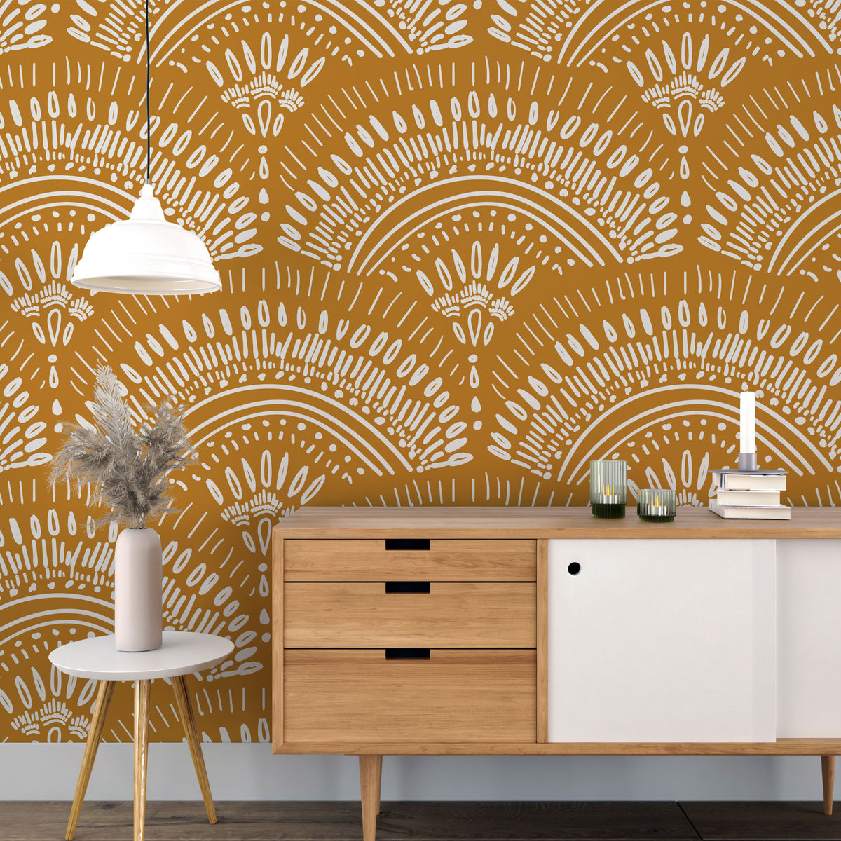 Mustard Boho Wallpaper : Ethnic Scallop Pattern