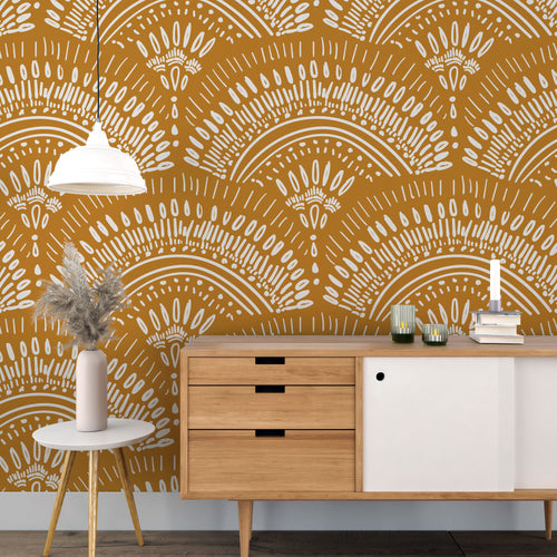 Mustard Boho Wallpaper : Ethnic Scallop Pattern