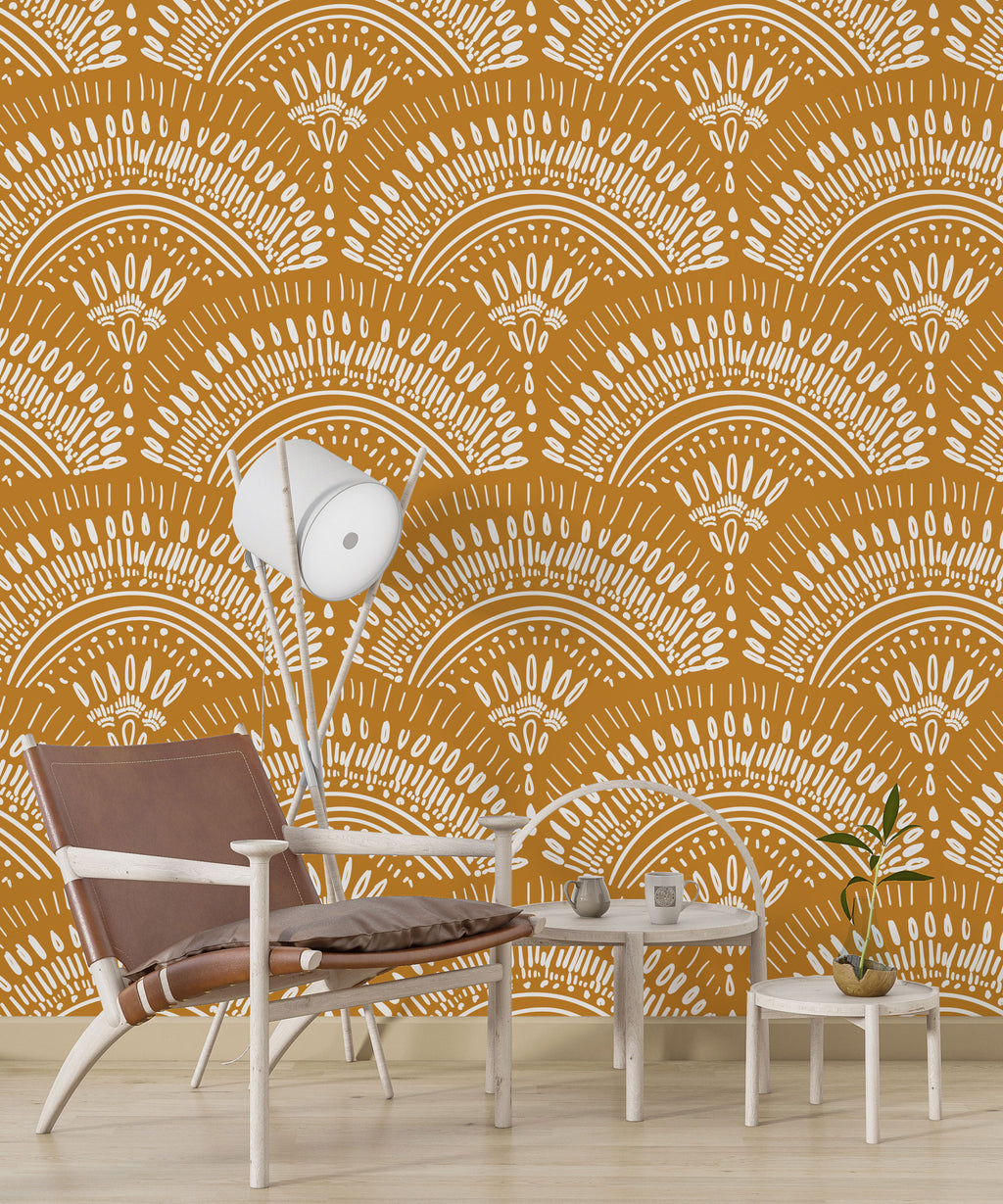 Mustard Boho Wallpaper : Ethnic Scallop Pattern - View 3