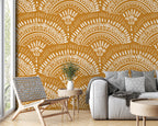 Mustard Boho Wallpaper : Ethnic Scallop Pattern - View 4
