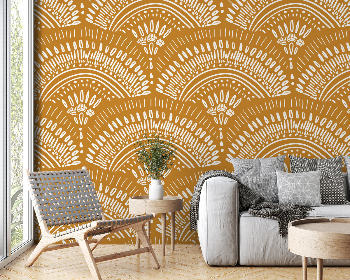 Mustard Boho Wallpaper : Ethnic Scallop Pattern - View 4