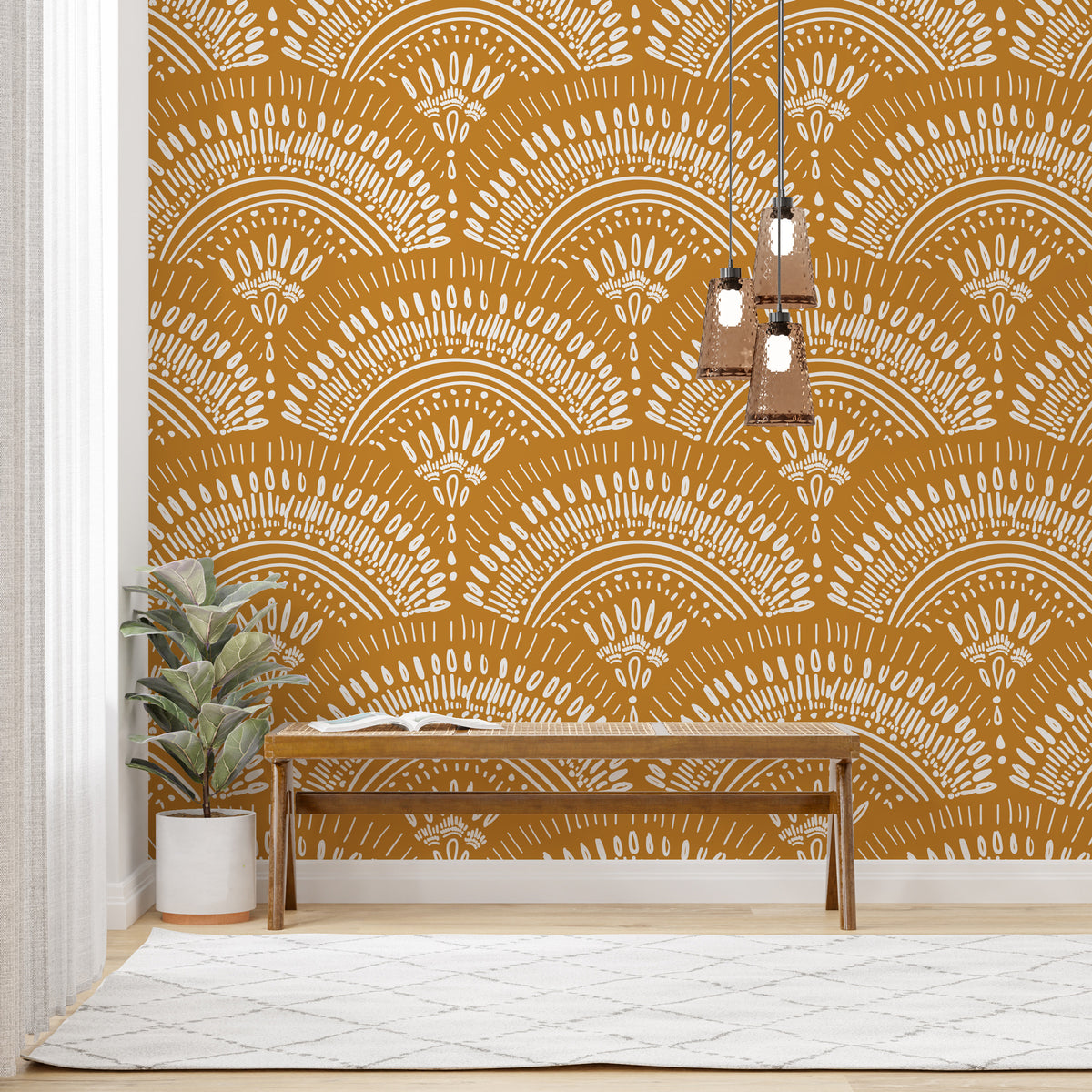 Mustard Boho Wallpaper : Ethnic Scallop Pattern - View 5