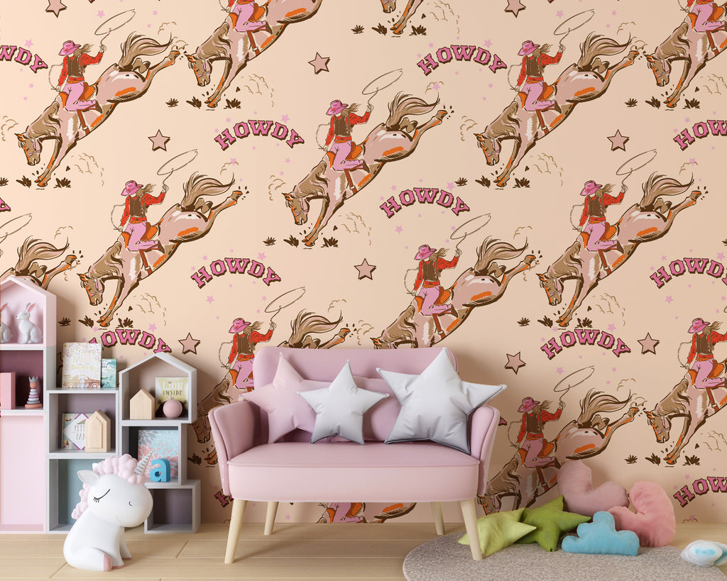 Rodeo Cowgirl Wallpaper : Retro Western Pattern Mural