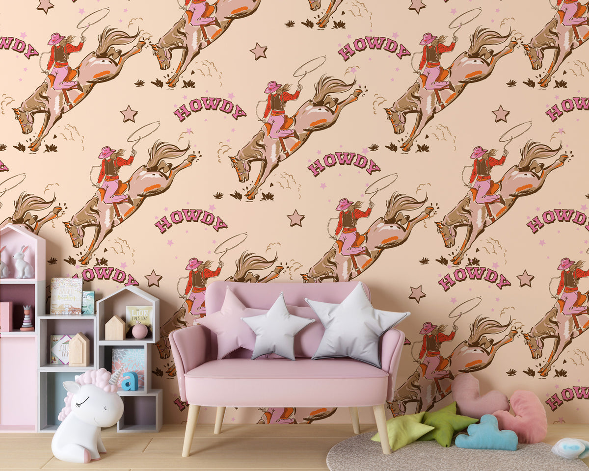 Rodeo Cowgirl Wallpaper : Retro Western Pattern Mural - View 4
