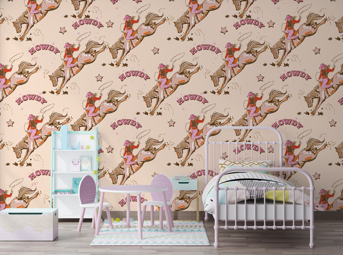 Rodeo Cowgirl Wallpaper : Retro Western Pattern Mural - View 3