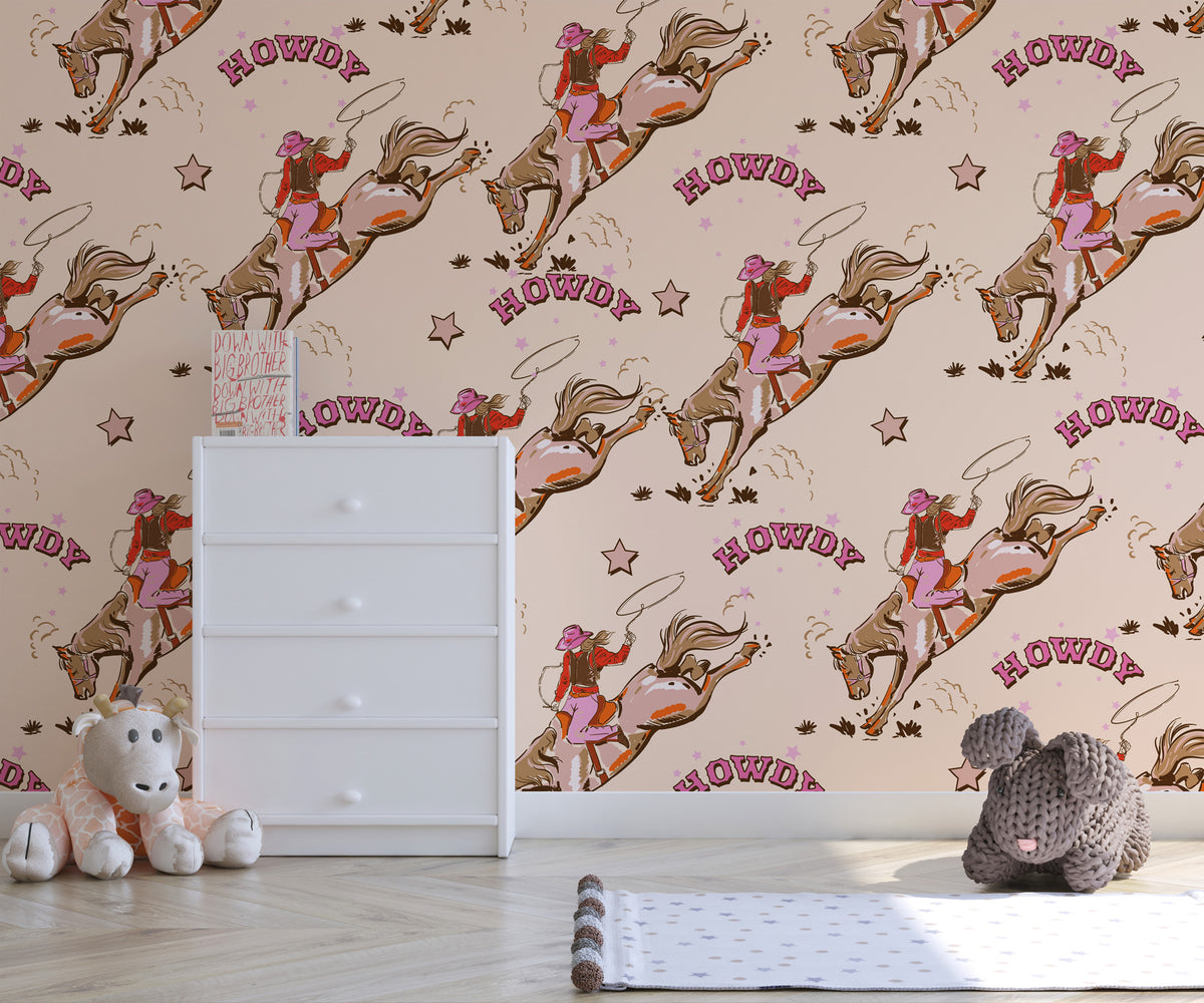 Rodeo Cowgirl Wallpaper : Retro Western Pattern Mural - View 2