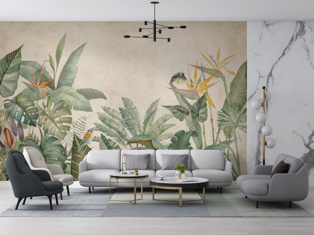 Bird of Paradise Wallpaper : Tropical Leaves on Beige Mural - View 4