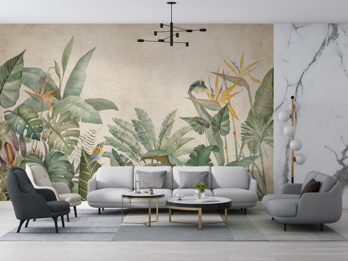 Bird of Paradise Wallpaper : Tropical Leaves on Beige Mural - View 4