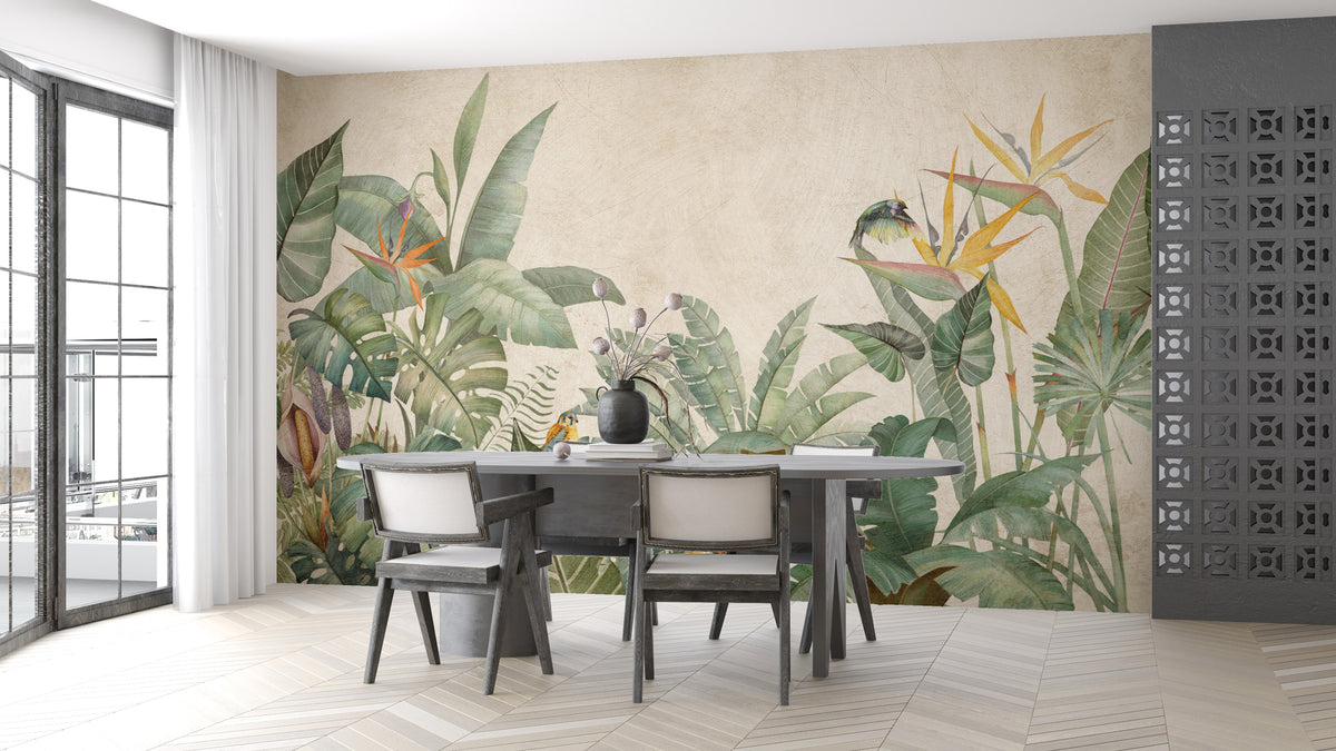 Bird of Paradise Wallpaper : Tropical Leaves on Beige Mural - View 2