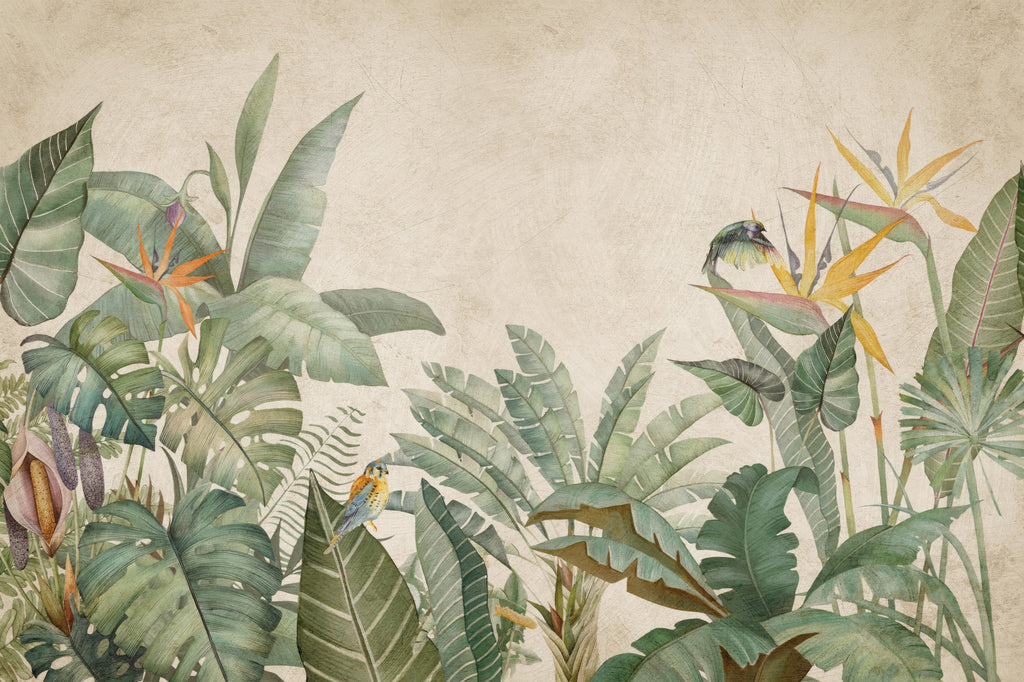 Bird of Paradise Wallpaper : Tropical Leaves on Beige Mural - flat design