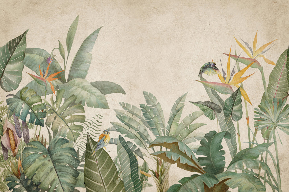 Bird of Paradise Wallpaper : Tropical Leaves on Beige Mural - flat design
