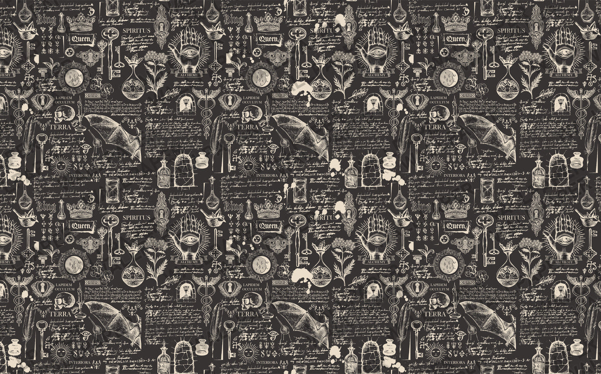 Alchemy Script Wallpaper : Vintage Manuscript Black Mural - View 2